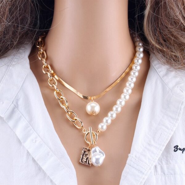 KMVEXO Fashion 2 Layers Pearls Geometric Pendants Necklaces For Women Gold Metal Snake Chain Necklace