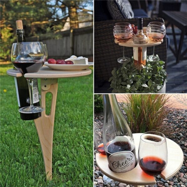 Zewnętrzny stolik na wino ze składanym okrągłym biurkiem Mini drewniany stół piknikowy Łatwy do przenoszenia Stojak na wino 1