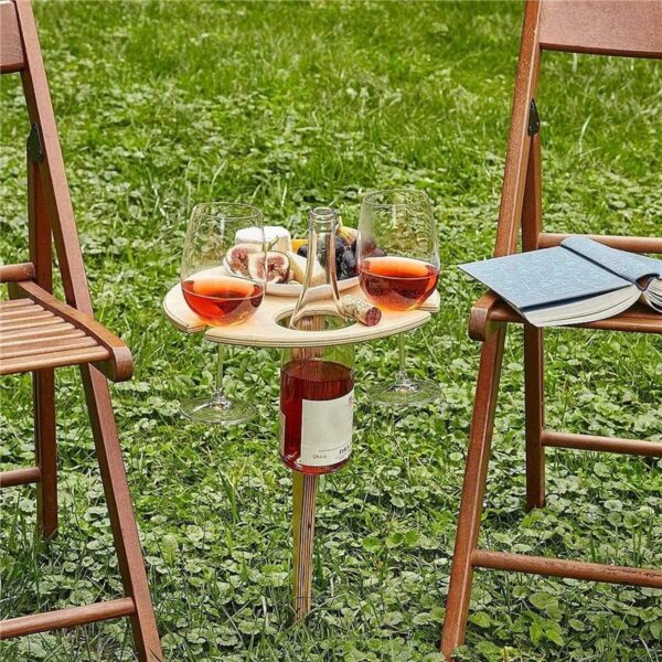 Outdoor Wine Table with Foldable Round Desktop Mini Wooden Picnic Table Easy To Carry Wine Rack 2