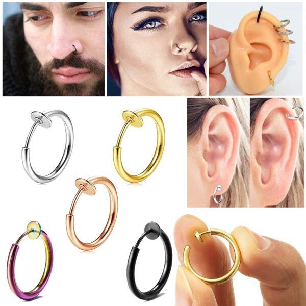 5PCS Clip On Earrings Fake Spring Clip On Labret Nose Clips Ring Stealth Hoop Lip Ring