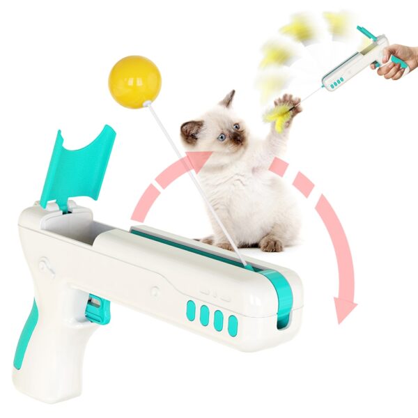 Divertido xoguete interactivo para gatos con bola de plumas Pistola de palo de gato orixinal para gatitos, cachorros, perros pequenos