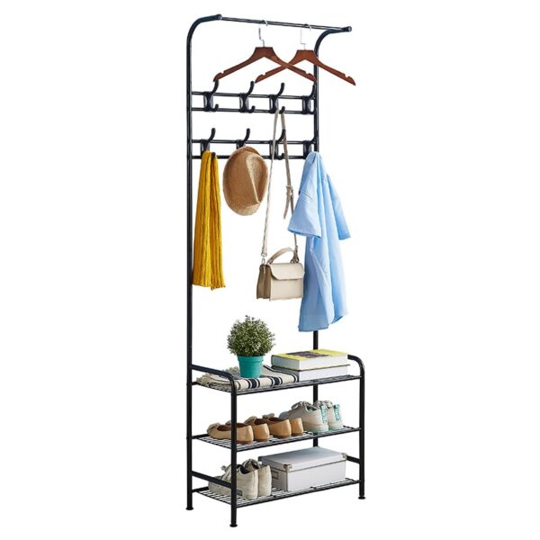 Multifunction 3 Tier Coat Rack Floor Standing Wardrobe Clothes Hanging Storage Shelf Clothing Drying Rack with 2