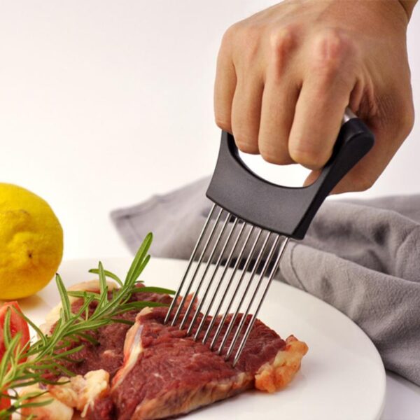 Stainless Steel Onion Cutter Onion Fork Fruit Vegetables Slicer Tomato Cutter Knife Cutting Safe Aid Holder 1