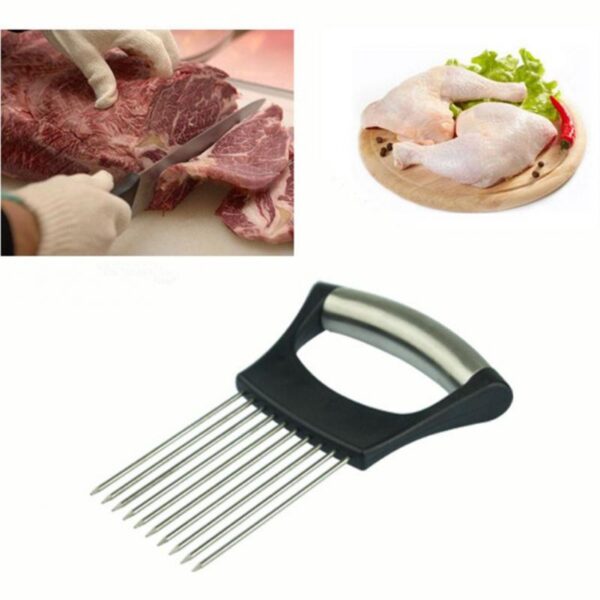 Stainless Steel Onion Cutter Onion Fork Fruit Vegetables Slicer Tomato Cutter Knife Cutting Safe Aid Holder 2