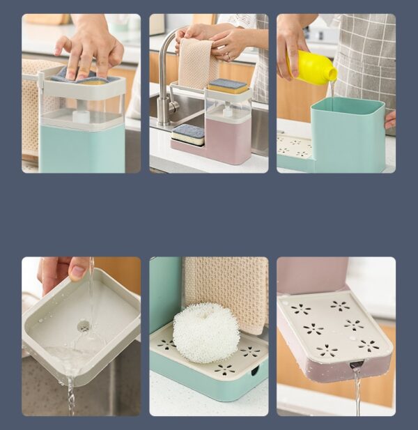 3 in 1 Multifunctional Manual Press Soap Box Shelf Soap Dispenser Kitchen Towel Rack Bathroom Cleaning 4