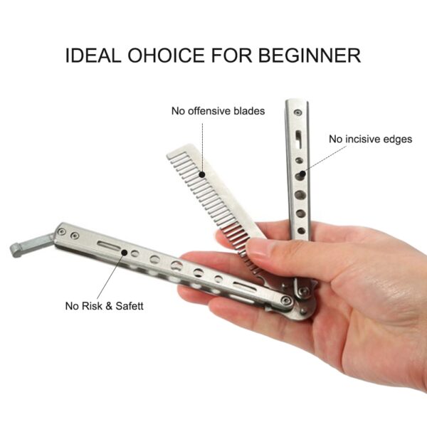 Foldable Comb Stainless Steel Practice Training Butterfly Knife Comb Beard Moustache Brushe Salon Hairdressing Styling Tool 5