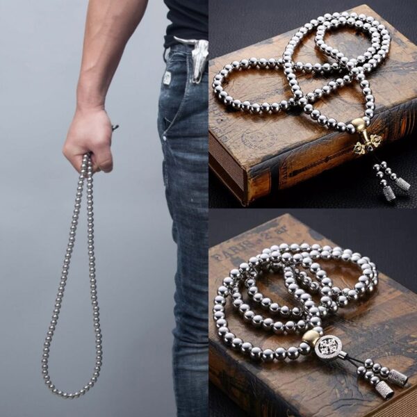 Tactical 10MM Steel Chain Buddha Beads Self Defense Hand Bracelet Necklace EDC Outdoor Tools Self Protection