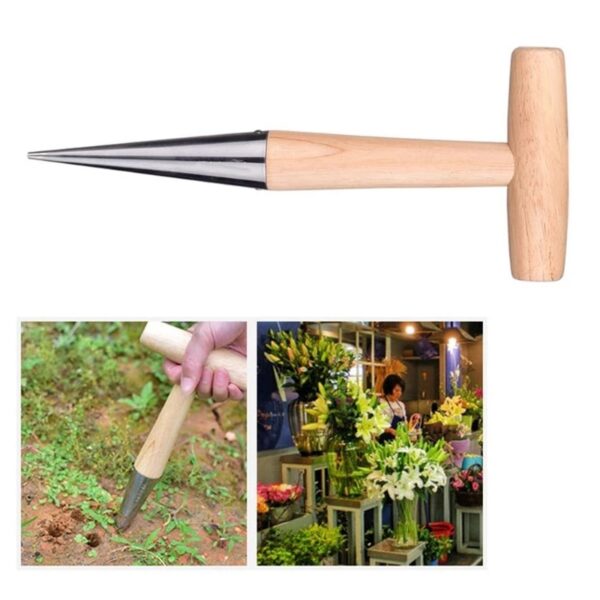 Perforateur de trous de jardinage avec manche en bois, outil de jardinage pratique pour semer des graines, transplanter des plantes 2