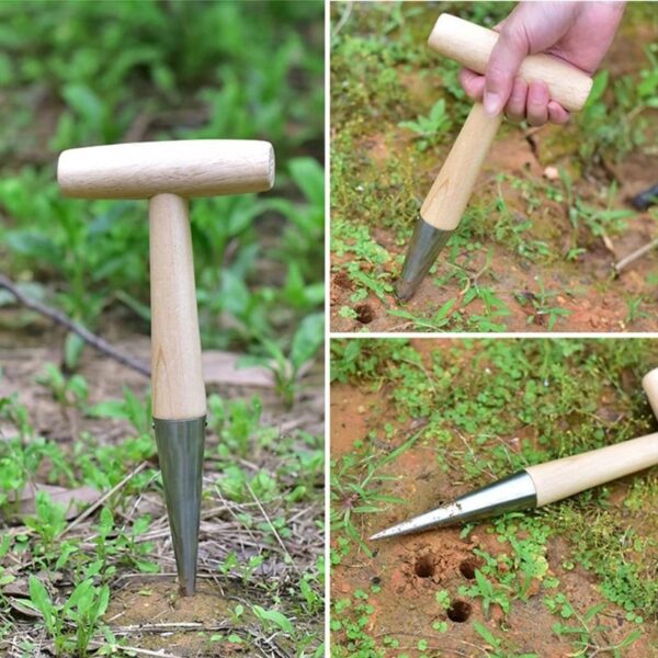 Gardening Hole Puncher with Wooden Handle Convenience Hole Digger Garden Tool for Sow Seeds Transplant Plant 3