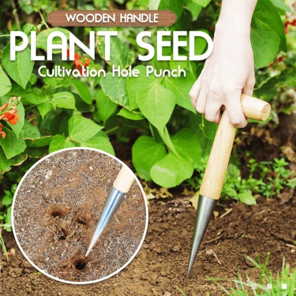 Gardening Hole Puncher with Wooden Handle Convenience Hole Digger Garden Tool for Sow Seeds Transplant