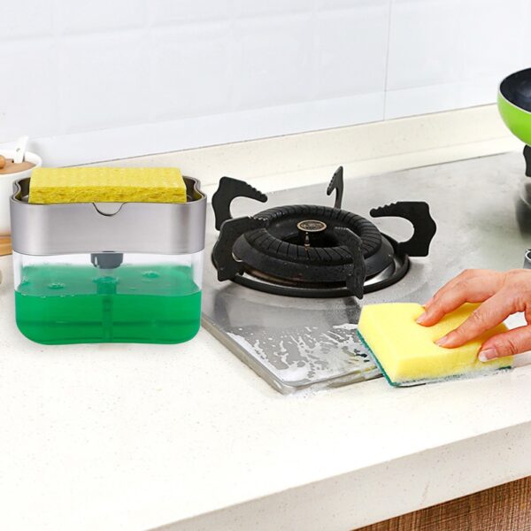 2 in 1 Scrubbing Liquid Detergent Dispenser Press type Liquid Soap Box Pump Organizer with Sponge 4