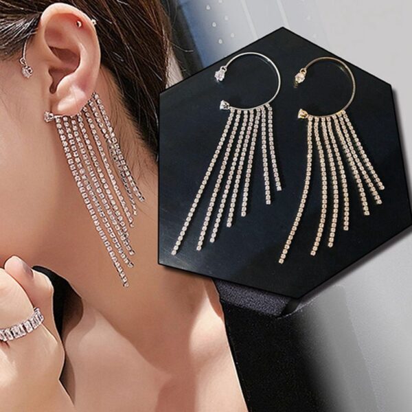 1Pc Fashion Crystal Tassel Ear Hanger Hanging Ear Cuff Earrings Gjin Pierced Rhinestone Clip On Earrings 1