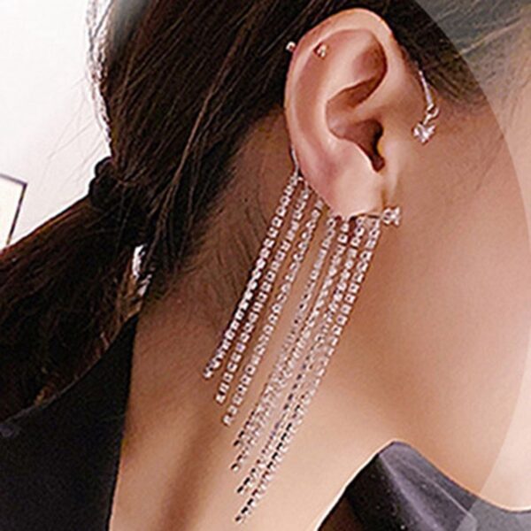 1Pc Fashion Crystal Tassel Ear Pendant Hanging Ear Cuff Earrings No Pierced Rhinestone Clip On Earrings 2
