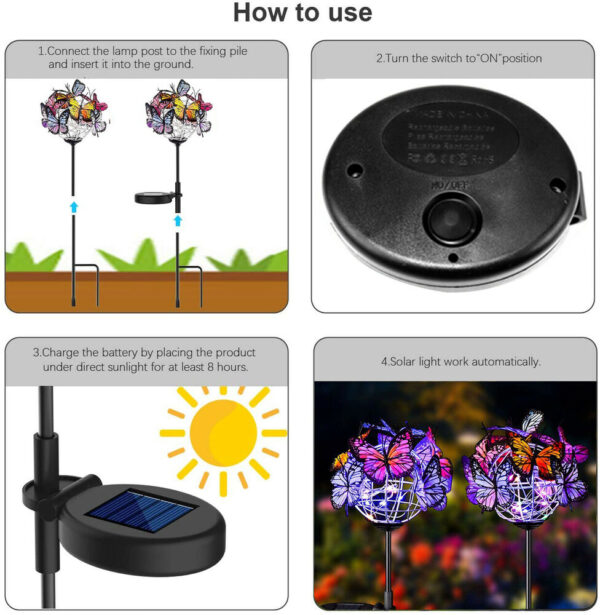 2 In 1 Setaele se Secha Kantle se sa keneleng Metsi Solar Butterfly Bulb Lights Garden Garden Landscape Lawn Led 3