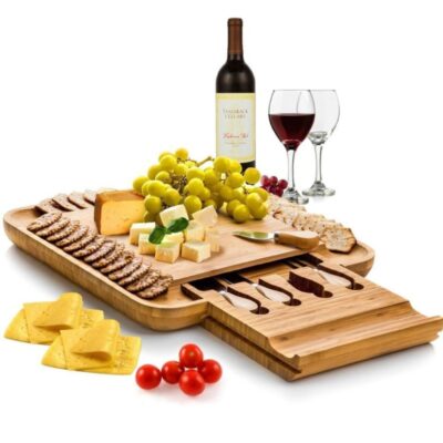 Bamboo Cheese Board with Cutlery Wood Charcuterie Platter Serving Meat Board with Slide Out Drawer with