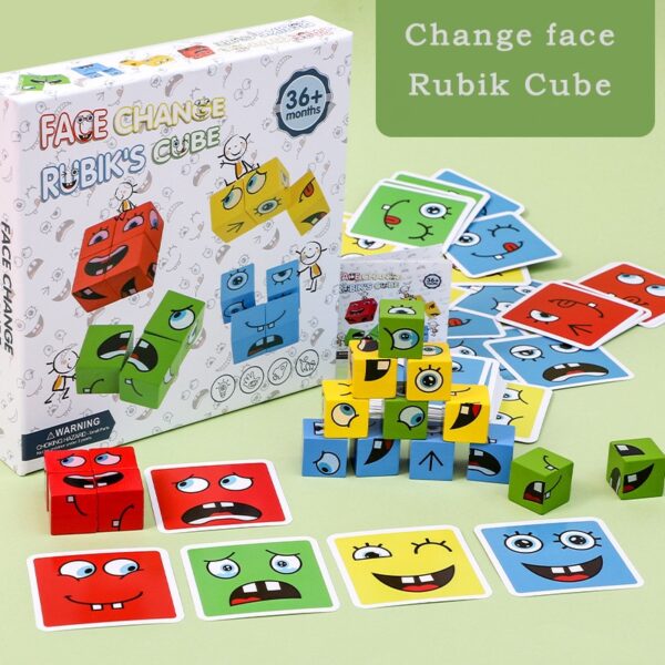 Wajah Kubus Mengubah Blok Bangunan Permainan Papan Teka-teki Kartun Montessori Mainan Tingkat Kayu Permainan Berpikir Tantangan