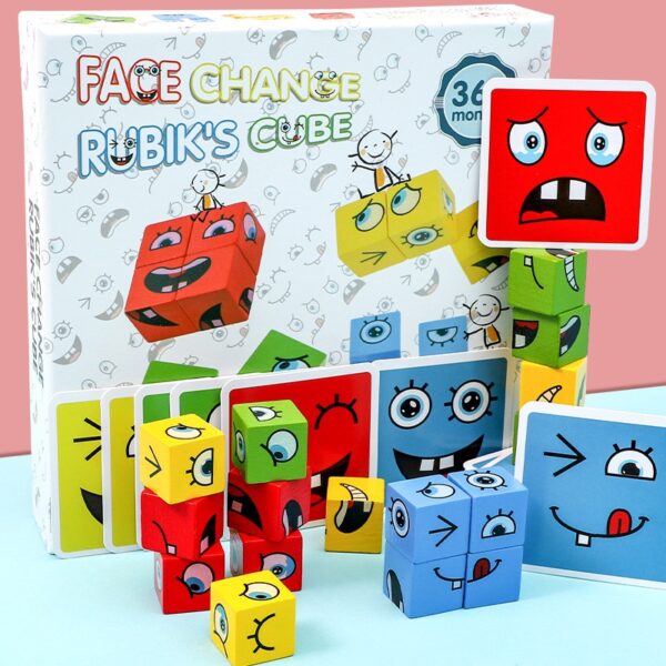 Cubo cara que cambia bloques de construcción juego de mesa rompecabezas de dibujos animados juguetes Montessori juego de nivel de madera desafío de pensamiento 3