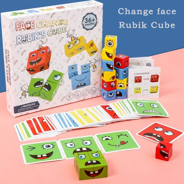 Blocs de construction Cube visage changeant, jeu de société, Puzzle de dessin animé, jouets Montessori, jeu de niveau en bois, défi de réflexion