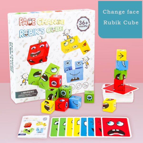 Cube Face Changing Building Blocks Board Game Cartoon Puzzle Montessori Toys Wooden Level Game Thinking