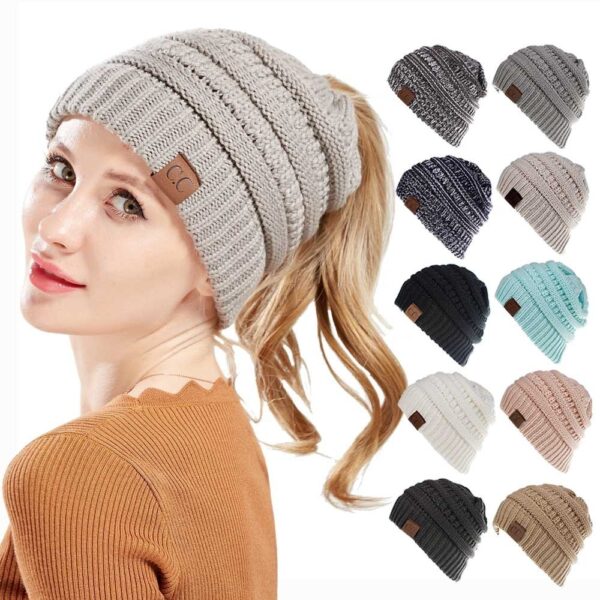 High Bun Ponytail Beanie Hat Chunky Soft Stretch Cable Knit Warm Fuzzy Lined Skull Beanie 100