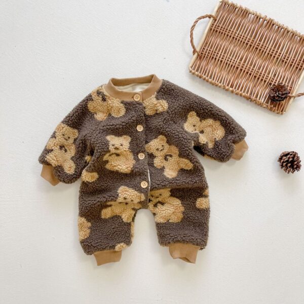 Newborn Baby Romper Winter Cartoon Bear Print Fleece Thicken Rompers Children Long Sleeve Warm Outwear Infants 1