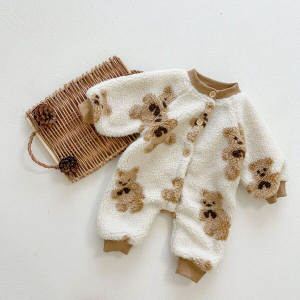Newborn Baby Romper Winter Cartoon Bear Print Fleece Thicken Rompers Children Long Sleeve Warm Outwear Infants 2