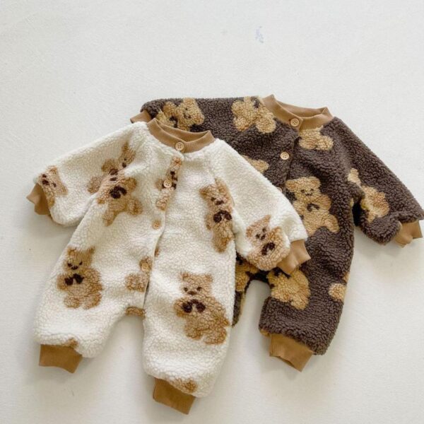 Newborn Baby Romper Winter Cartoon Bear Print Fleece Thicken Rompers Children Long Sleeve Warm Outwear Infants