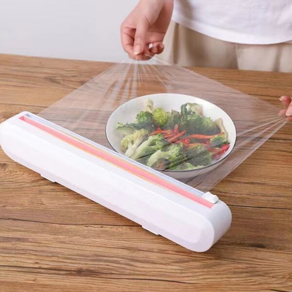 Plastic Food Wrap Dispenser Movable Film Cutter Kitchen Foil Cling Wrap Dispenser With Suction Cup Kitchen