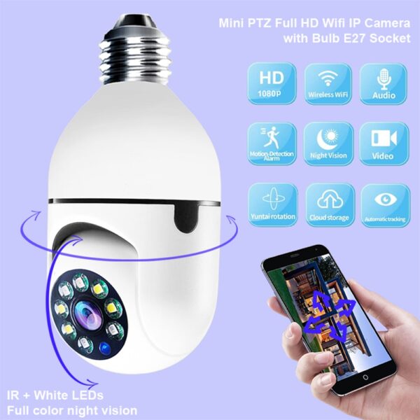 1080P Wireless 360 Rotate Auto Tracking Panoramic Camera Light Bulb Wifi PTZ IP Cam Remote Viewing 1