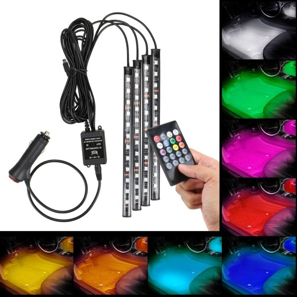 Auto LED RGB Atmosphere Strip Light 24 36 48 LED Wireless Remote Voice Control Foot Lamps