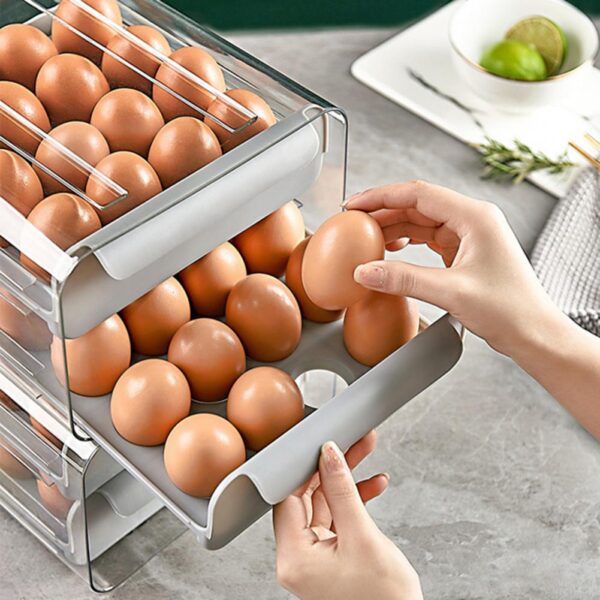 Lebokose la Polokelo ea Mahe Terei ea Lehe e Habeli e Tsebahalang ka Moea PET 32 Grids Fresh Preservation Egg Organizer 4