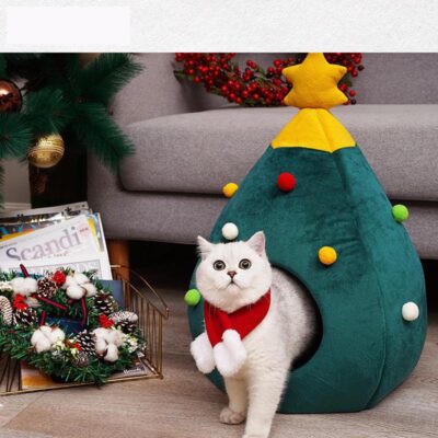 Green Christmas Cat Felt Cave Bed Tree Shape Semi Closed Pet Nest Cats Pets House Winter