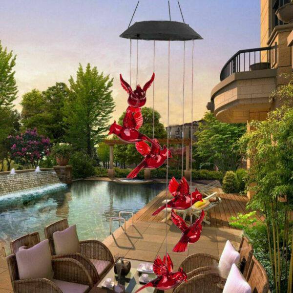 Solar Cardinal Red Bird Wind Chime LED Lights Spinners Spiral String Hanging Outdoor Garden Home Wall 5