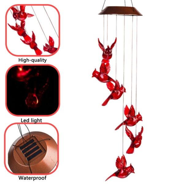 Solar Cardinal Red Bird Wind Chime LED Lights Spinners Spiral String Hanging Outdoor Garden Home Wall