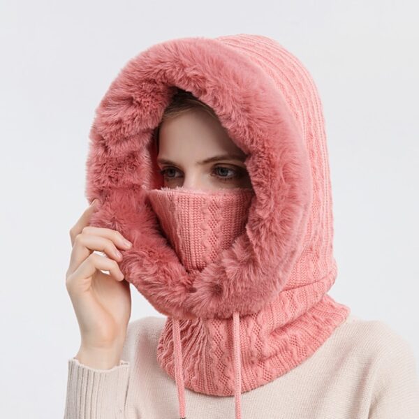 Winter Fur Cap Mask Set Hooded for Women Knitted Cashmere Neck Warm Russia Outdoor Ski