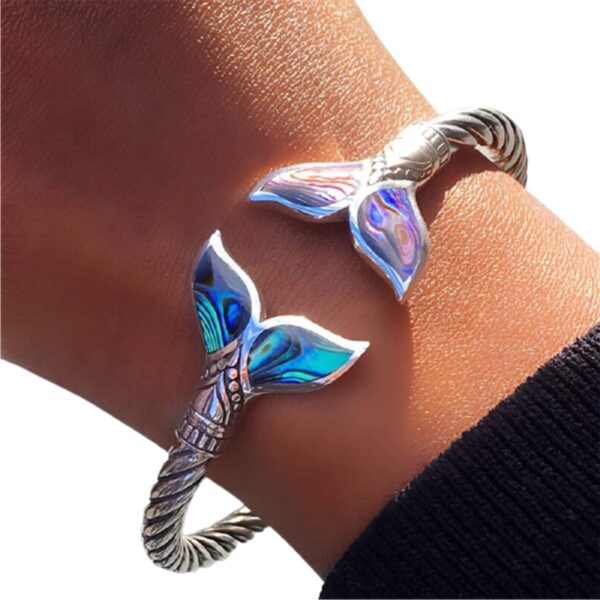 Abalone Shell and Mermaid Tail Bangle Bracelet Adjustable Open Hand Chain for Women Girls LL 17 4