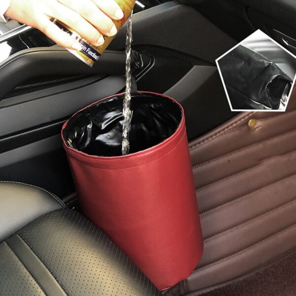 Car Trash Can Foldable Leather Leak Proof Waterproof Car Dust Bin Bucket Hanger Garbage Container Pocket 2