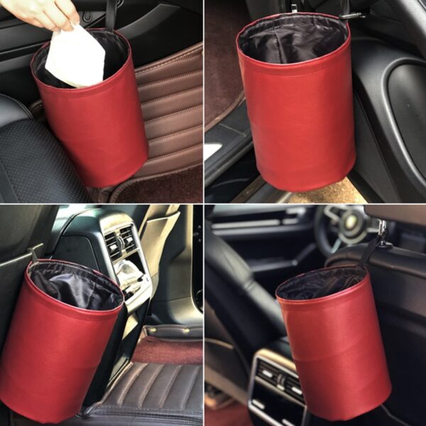 Car Trash Can Foldable Leather Leak Proof Waterproof Car Dust Bin Bucket Hanger Garbage Container Pocket 5