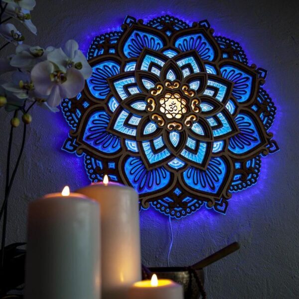 Mandala Yoga Raum Nachtlicht LED Mehrschichtiges Lasergeschnittenes geschnitztes Licht LED Elegantes Mandala zum Aufhängen aus Holz