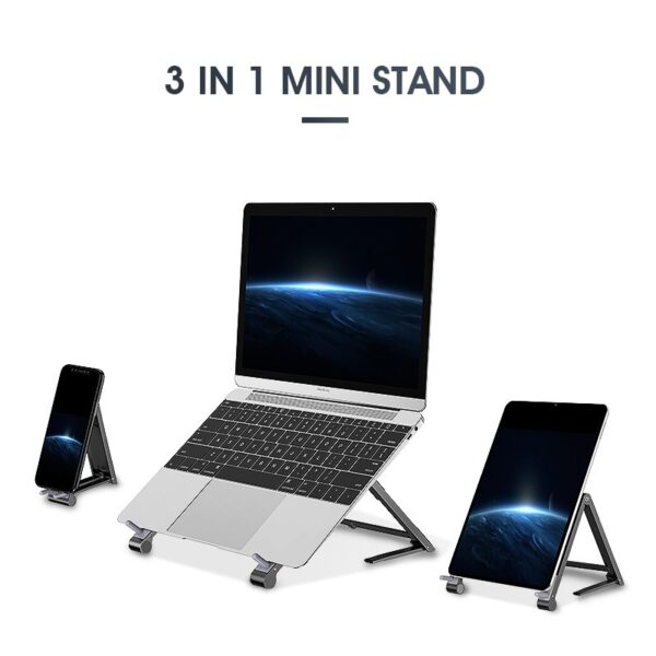 Xwediyê Mini Laptop-ê Veguhezbar Piştgiriya Standeya Têlefonê ya Berbiçav 3in1 Xwediyê Standê Notebook Ji bo Macbook iPhone 1