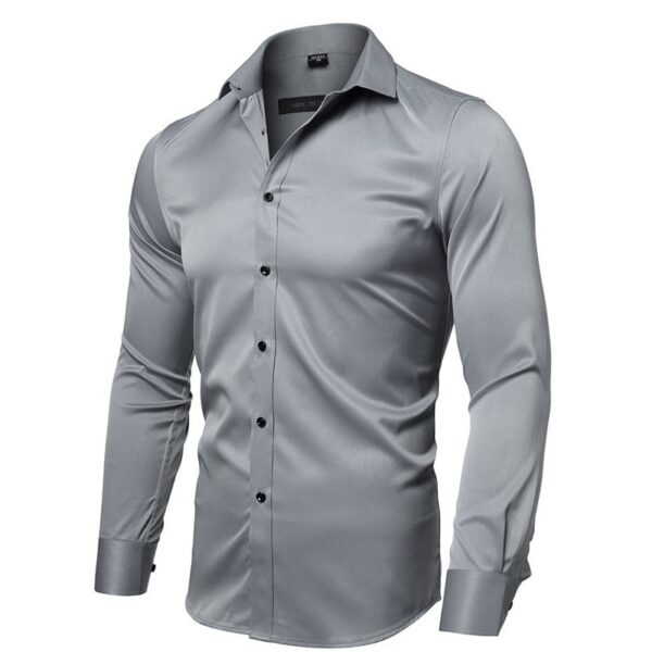 Lihempe tsa Grey Elastic Bamboo Fiber Shirt Mens Li-shirt tse Ncha tsa Sleeve Mens Dress Non Iron Easy 1