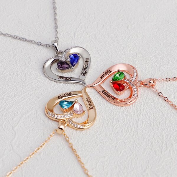Personalized Gold Rose Gold Silver Color Name Necklace with 2 Birthstones Custom Engraved Heart Pendant Necklace 4