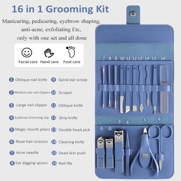 16pcs Manicure Set With PU Leather Case Nail Clippers Kit Pedicure Care Tools Nail Care Scissors 4
