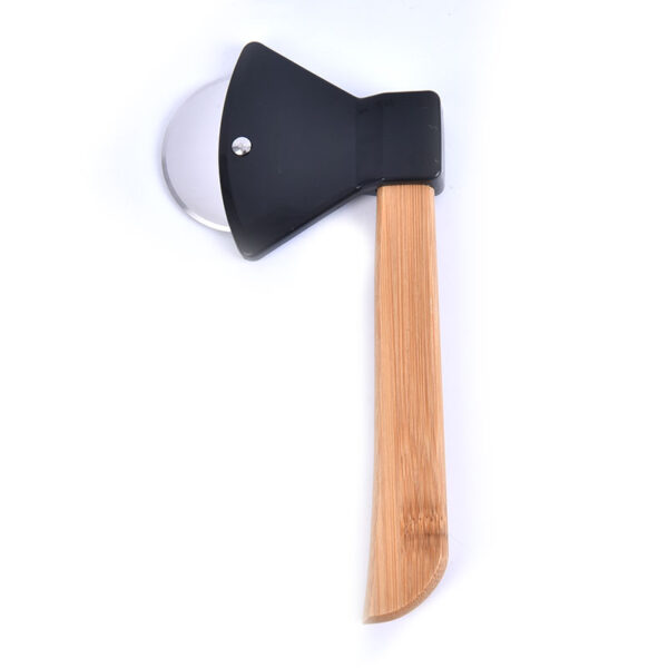 Axe Bamboo Handle Pizza Cutter Rotating Blade Home Kitchen Cutting Tool 2