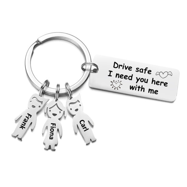 Customized Stainless steel Key Rings laser Engrave Kids Names Pendant Charms Drive safely bar Key chain 2