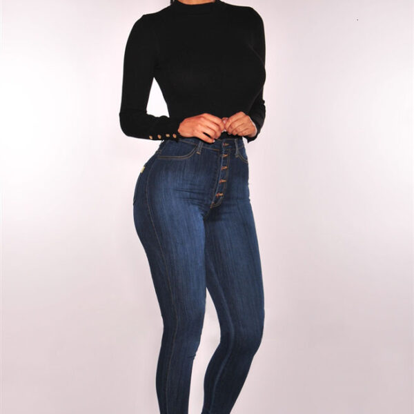 Large Size Push UP Skinny Jeans For Woman High Waist Button Pencil Pants Denim Blue Long 4