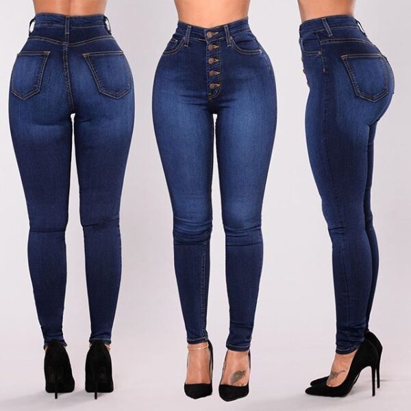 Large Size Push UP Skinny Jeans For Woman High Waist Button Pencil Pants Denim Blue Long
