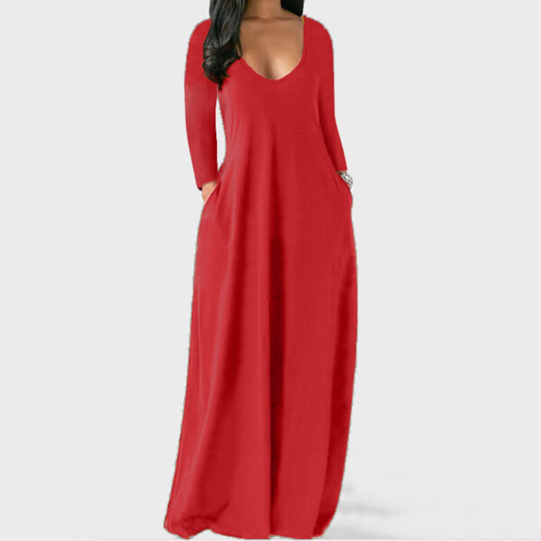 Long Sleeve Pockets Dresses Women Casual Loose Dress Summer V Neck Double Robe Femme Tunic Vintage 3