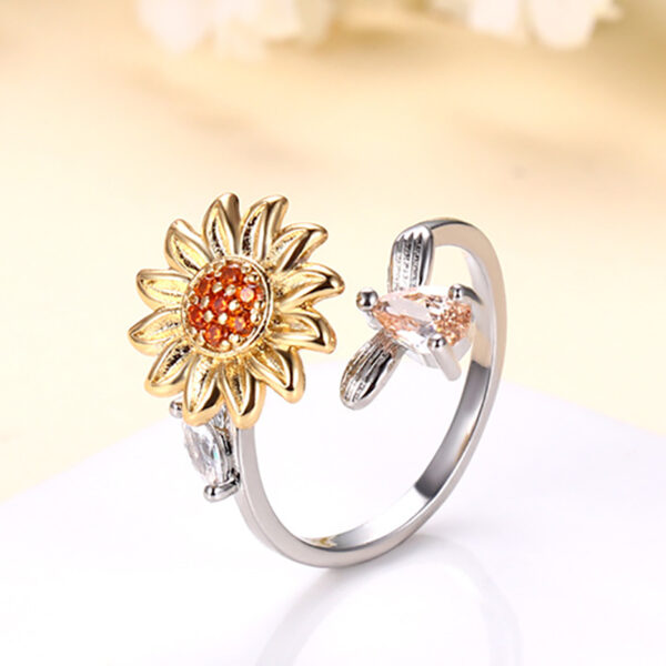 Colorful Crystal Rotating Sunflower Rings for Women Top Quality Square Cubic Zirconia Adjustable Ring Fashion Brand 1