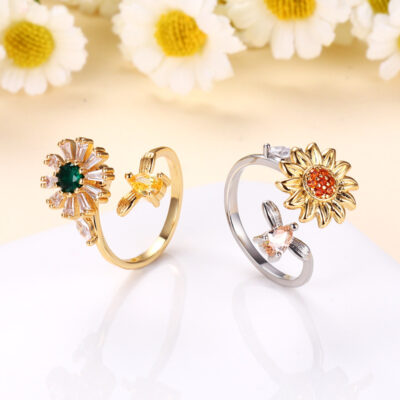 Colorful Crystal Rotating Sunflower Rings for Women Top Quality Square Cubic Zirconia Adjustable Ring Fashion Brand